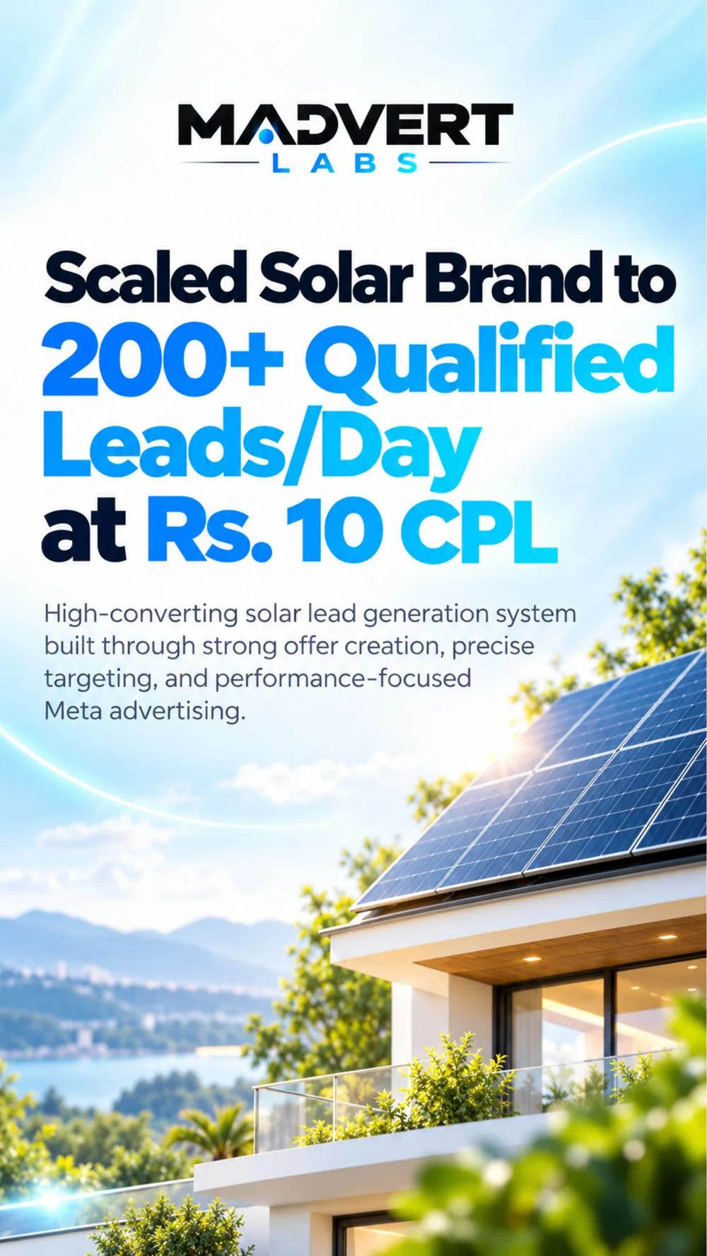 Cover of the Madvert Labs case study: Scaled Solar Brand to 200+ Qualified Leads/Day at Rs. 10 CPL