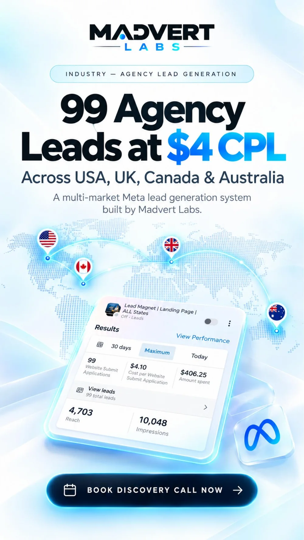Cover of the Madvert Labs case study: 99 Agency Leads at $4 CPL Across USA, UK, Canada & Australia