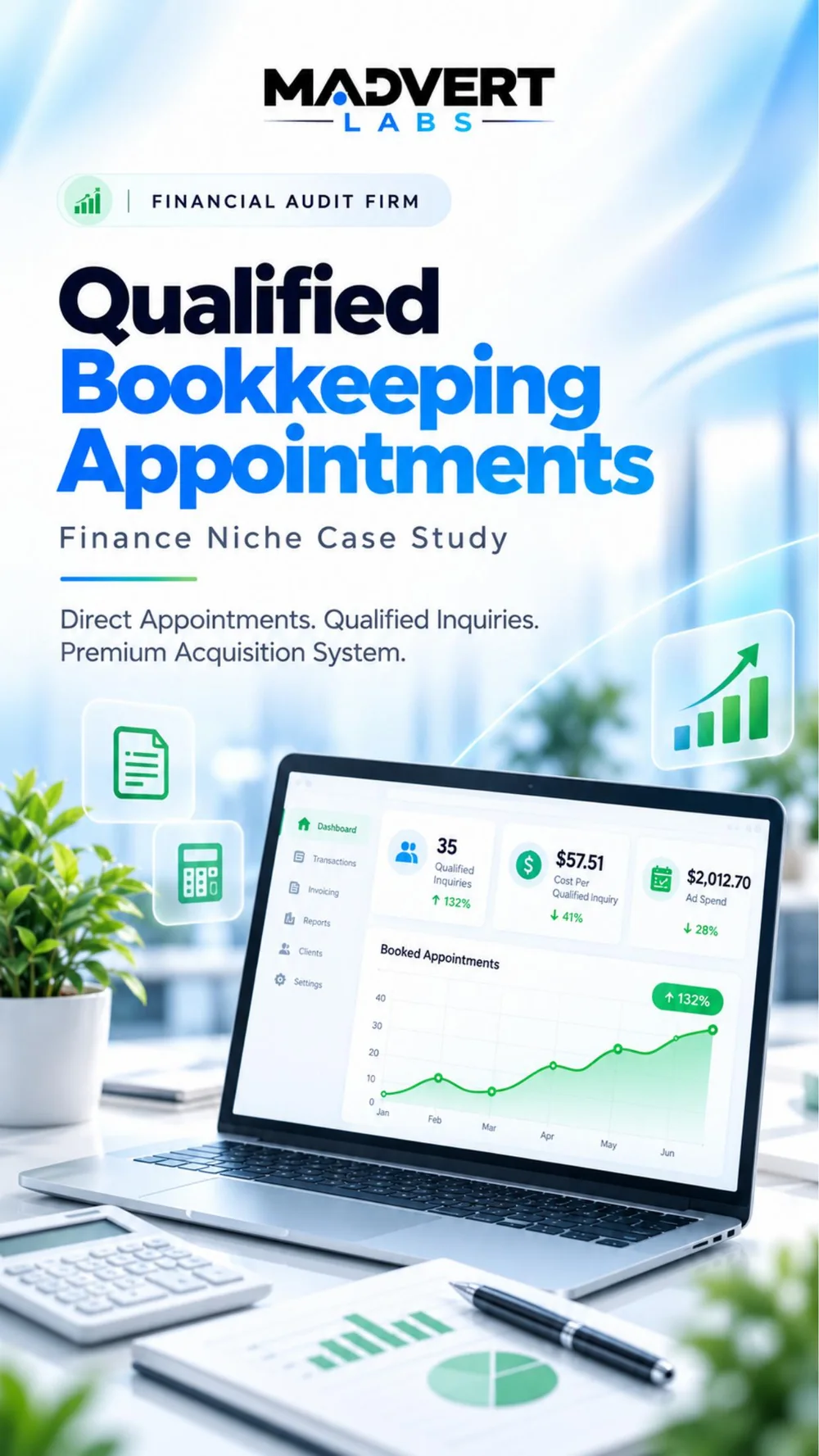 Cover of the Madvert Labs case study: Qualified Bookkeeping Appointments From International Traffic